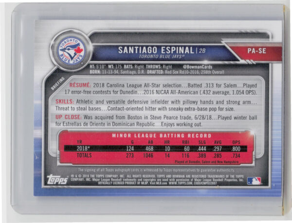 2019 Bowman Santiago Espinal AU #PA-SE Jays Prospect Autographs - Image 3