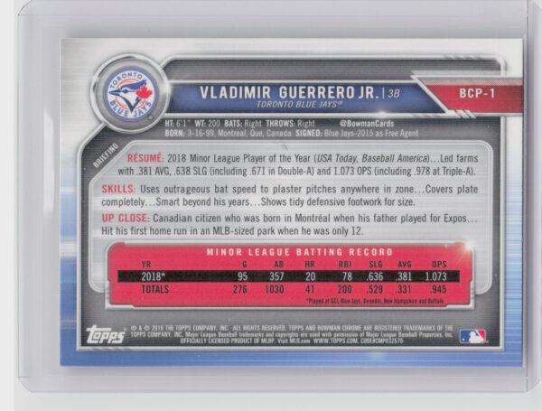 2019 Bowman Vladimir Guerrero Jr. #BCP-1 Jays Chrome Prospects - Image 3