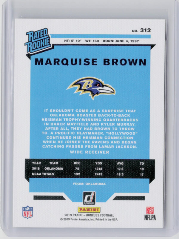 2019 Donruss Marquise Brown #312 Ravens Rated Rookies Canvas - Image 3