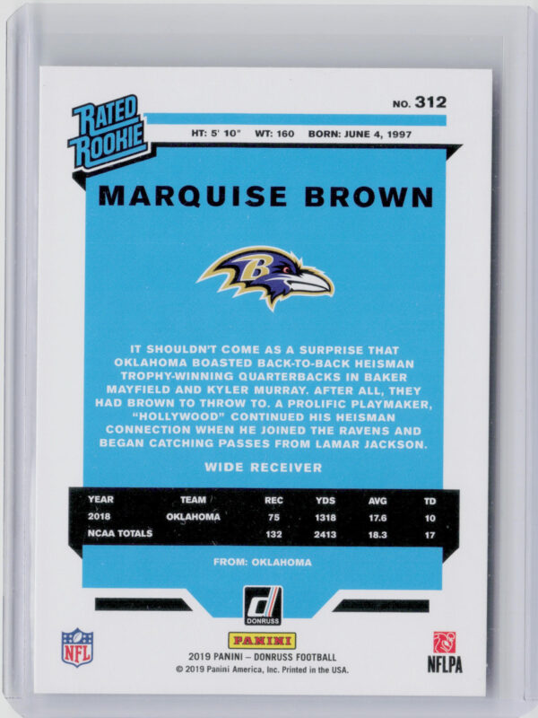 2019 Donruss Marquise Brown RC #312 Ravens - Image 3