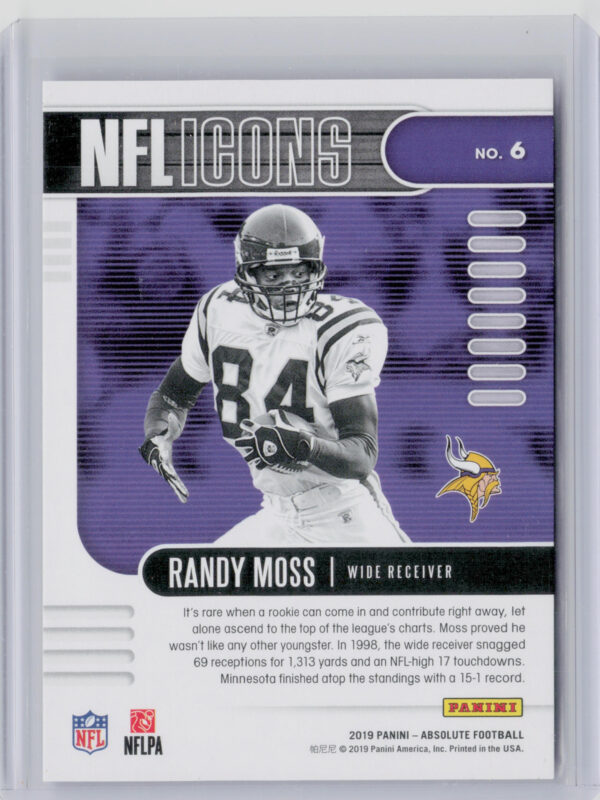 2019 Panini Absolute Randy Moss SN50 #6 Vikings NFL Icons Spectrum Blue - Image 3
