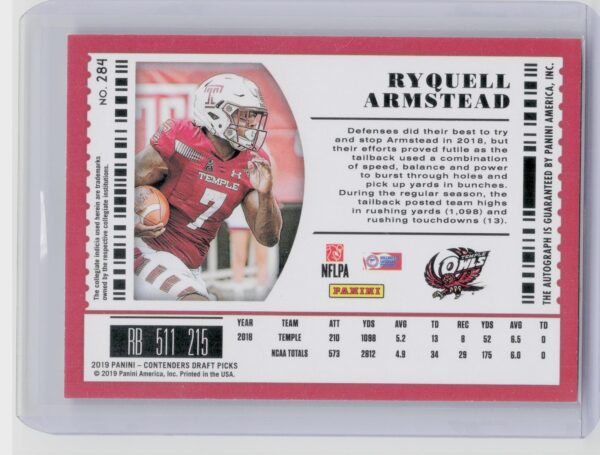 2019 Panini Contenders Draft Picks Collegiate Ryquell Armstead Auto #284 Owls - Image 3