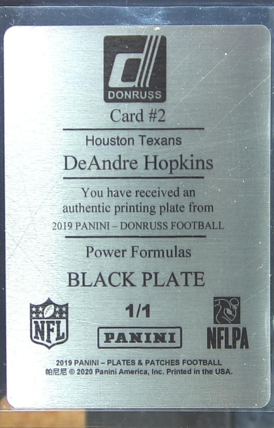 2019 Plates & Patches DeAndre Hopkins 1/1 #2 Texans 2019 Donruss Power Formulas - Image 3