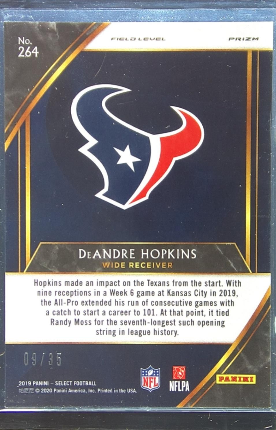 2019 Select DeAndre Hopkins White Prizm /35 #264 Texans - Image 3