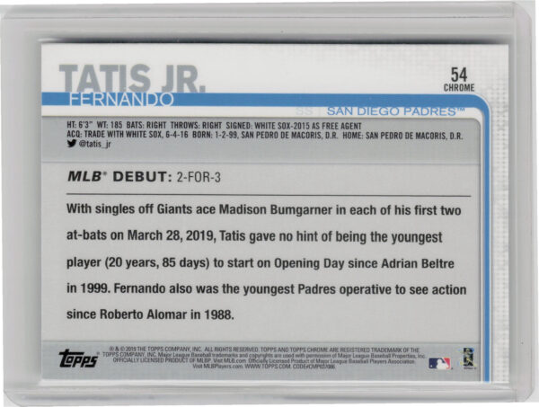 2019 Topps Chrome Update Fernando Tatis Jr. RC #54 Padres - Image 3