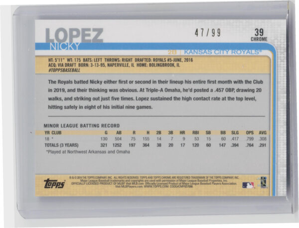 2019 Topps Chrome Update Nicky Lopez Green Refractor SN99 #39 Royals - Image 3