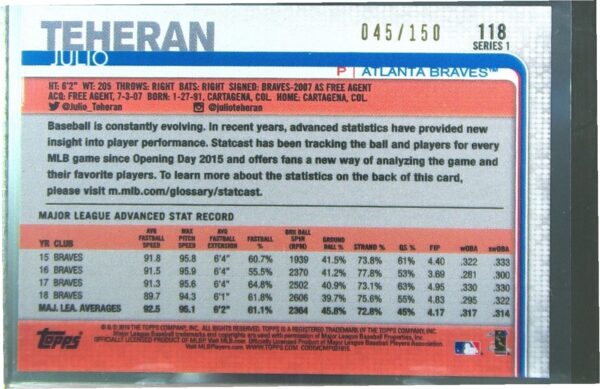 2019 Topps Julio Teheran Advanced Stat /150 #118 Braves - Image 3