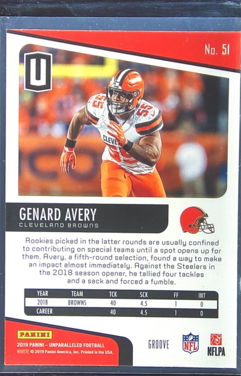 2019 Unparalleled Genard Avery Groove RC #51 Browns - Image 3