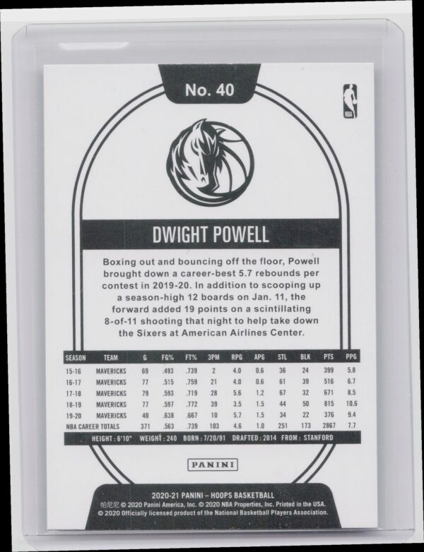 2020-21 Hoops Dwight Powell Purple Explosion #40 Mavericks - Image 3