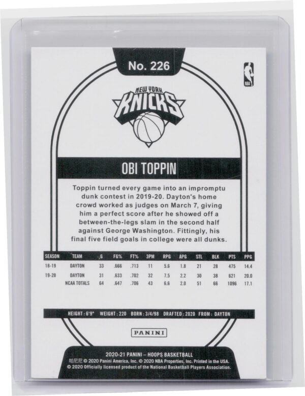 2020-21 Hoops Obi Toppin Teal Explosion #226 Knicks - Image 3
