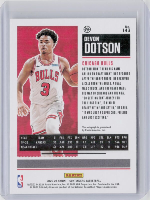 2020-21 Panini Contenders Devon Dotson AU VAR #143 Bulls - Image 3