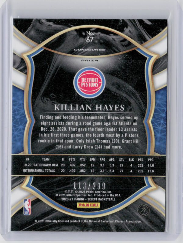 2020-21 Panini Select Killian Hayes Light Blue Prizms SN299 #67 Pistons - Image 3