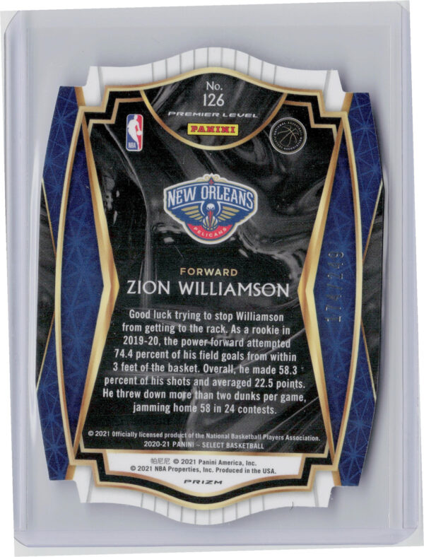2020-21 Panini Select Zion Williamson Blue Prizms Die Cut SN249 #126 Pelicans - Image 3