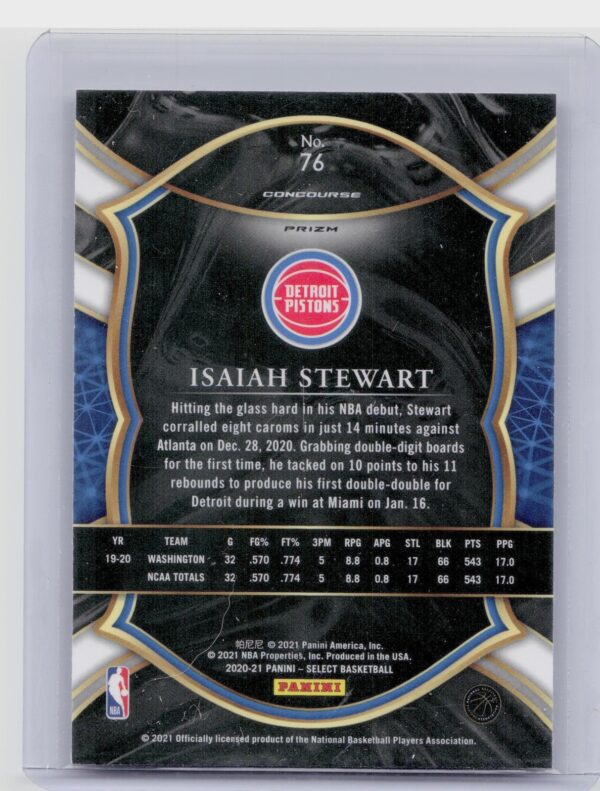 2020-21 Select Isaiah Stewart Red White Orange Shimmer #76 Pistons - Image 3