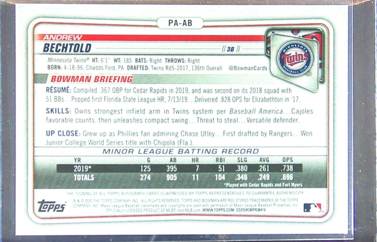 2020 Bowman Andrew Bechtold Auto /150 #PA-AB Twins Prospects Autographs Blue - Image 3