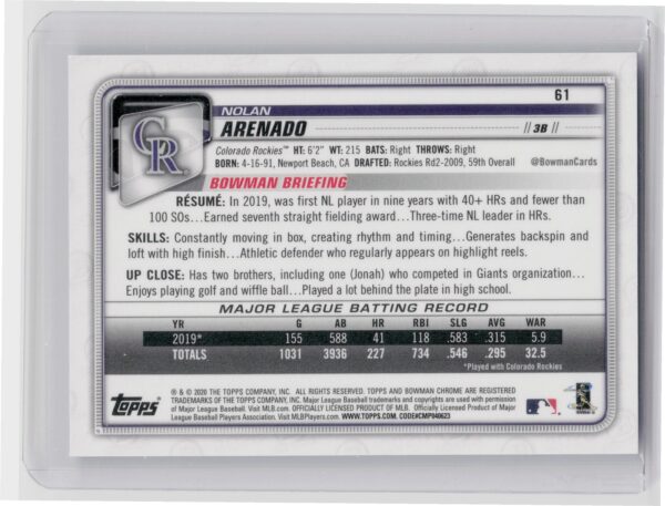 2020 Bowman Chrome Nolan Arenado Blue Refractor #61 Rockies - Image 3