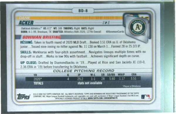 2020 Bowman Draft Dane Acker Purple /250 #BD-8 Athletics - Image 3