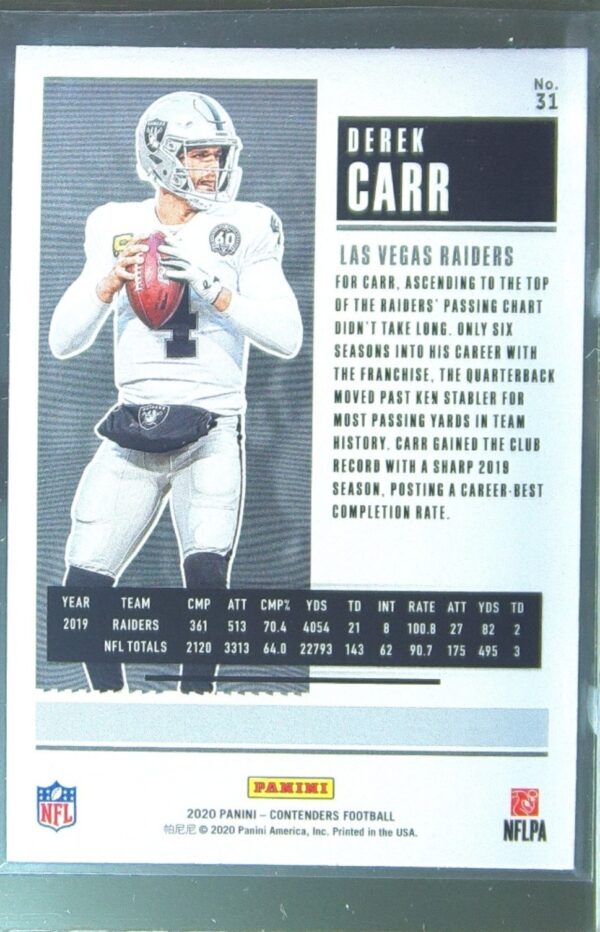 2020 Contenders Derek Carr Stardust #31 Raiders - Image 3