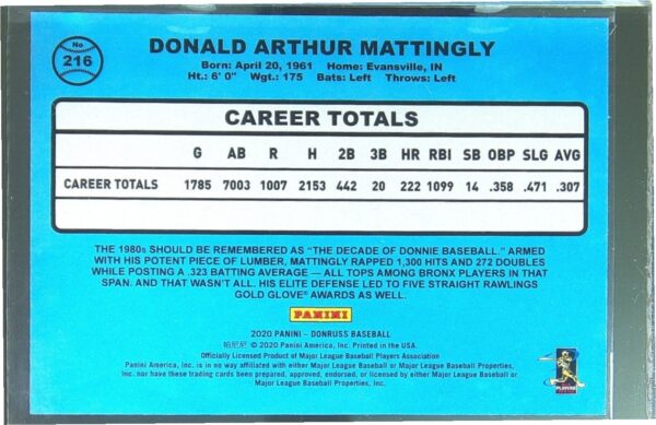 2020 Donruss Don Mattingly Holo Orange #216 Yankees - Image 3