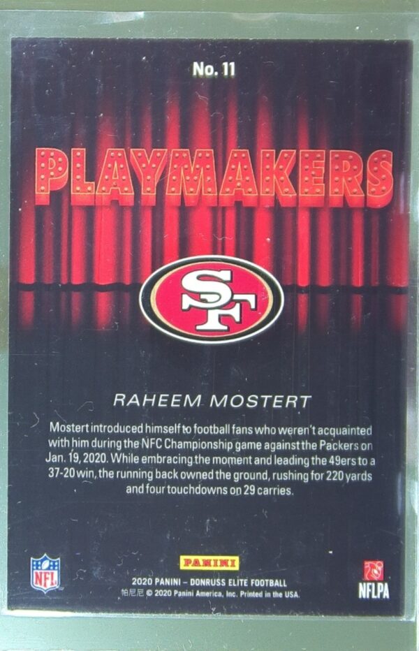 2020 Donruss Elite Raheem Mostert #11 49ers Playmakers - Image 3