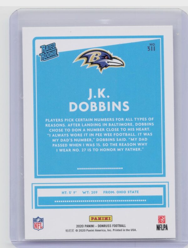 2020 Donruss J.K. Dobbins RC #311 Ravens - Image 3