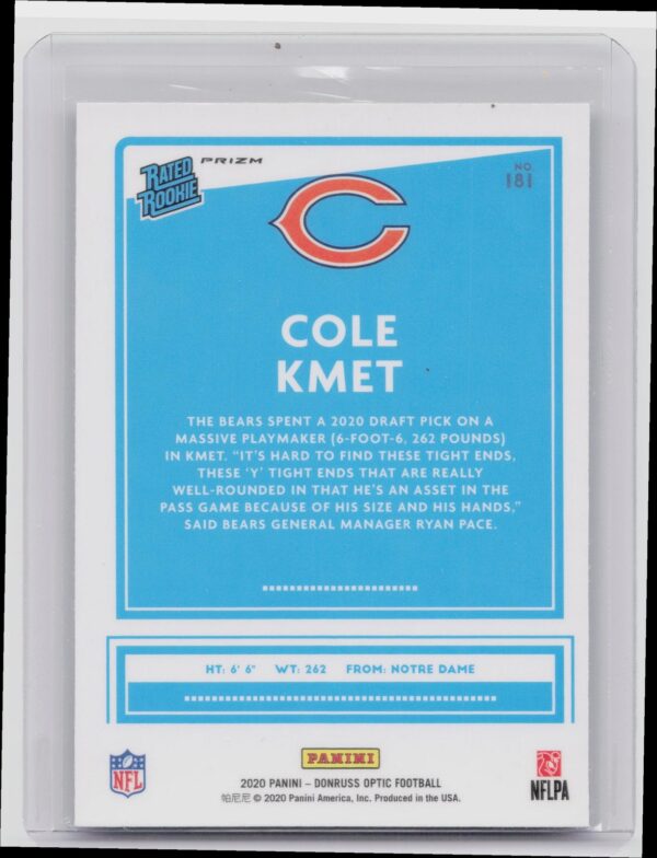 2020 Donruss Optic Cole Kmet Purple Shock RC #181 Bears - Image 3
