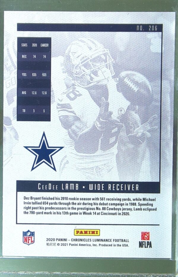 2020 Panini Chronicles CeeDee Lamb RC #206 Cowboys Luminance Update Rookies - Image 3