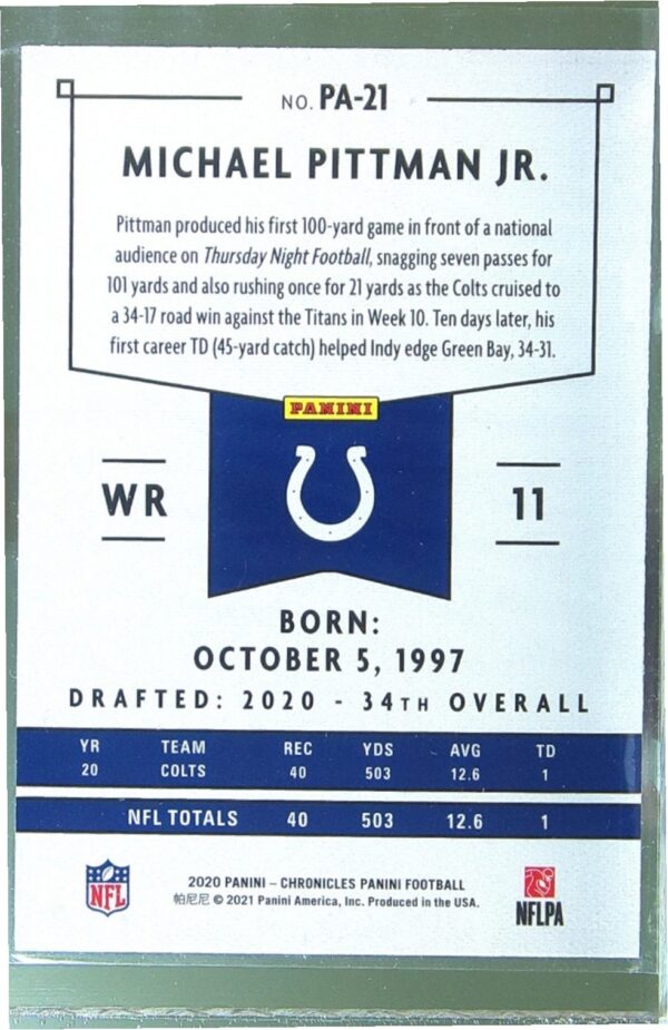 2020 Panini Chronicles Michael Pittman Jr. RC #PA-21 Colts Panini - Image 3