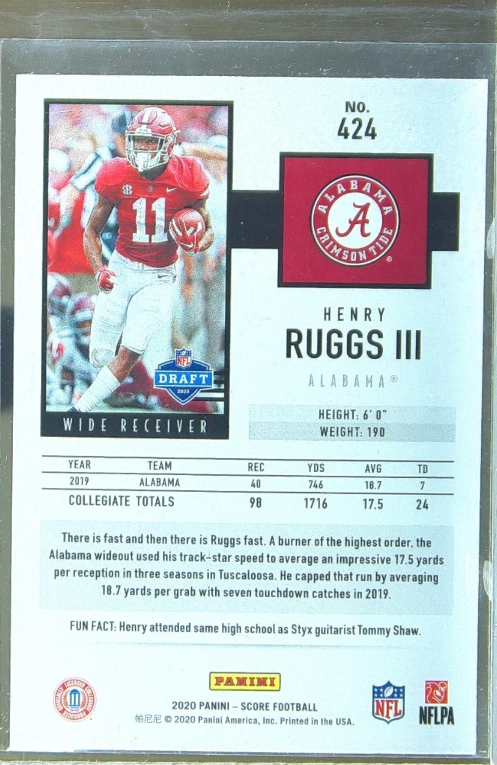 2020 Score Henry Ruggs III RC #424 Tide - Image 3