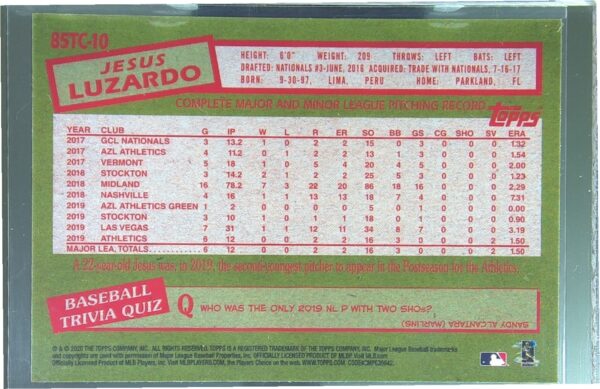 2020 Topps Chrome Jesus Luzardo RC #85TC-10 Athletics 1985 35th Anniversary - Image 3