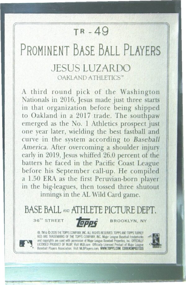 2020 Topps Jesus Luzardo RC #TR-49 Athletics Turkey Red 2020 (Series 1) - Image 3
