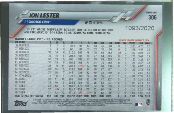 2020 Topps Jon Lester Gold /2020 #306 Cubs - Image 3