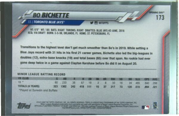 2020 Topps Opening Day Bo Bichette RC #173 Jays - Image 3