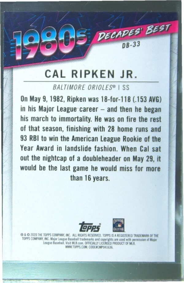 2020 Topps Update Cal Ripken Jr. #DB-33 Orioles Decades' Best - Image 3