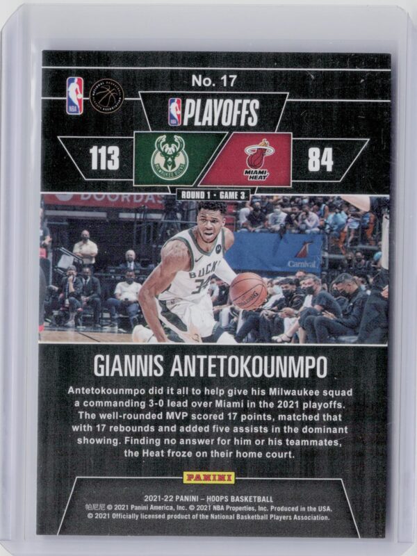 2021-22 Hoops Giannis Antetokounmpo SN2021 #17 Bucks Road to the Finals First Ro - Image 3