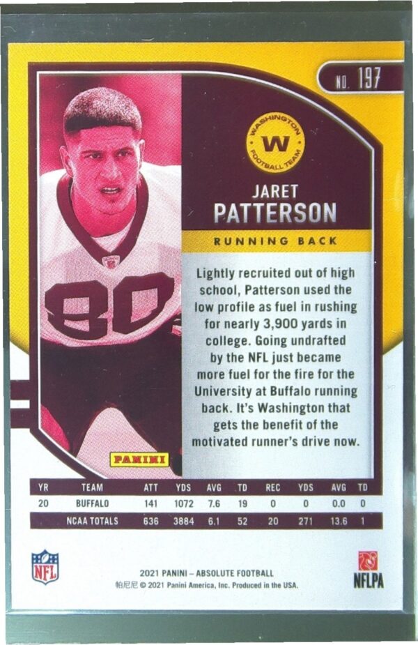 2021 Absolute Jaret Patterson Red RC #197 Team - Image 3