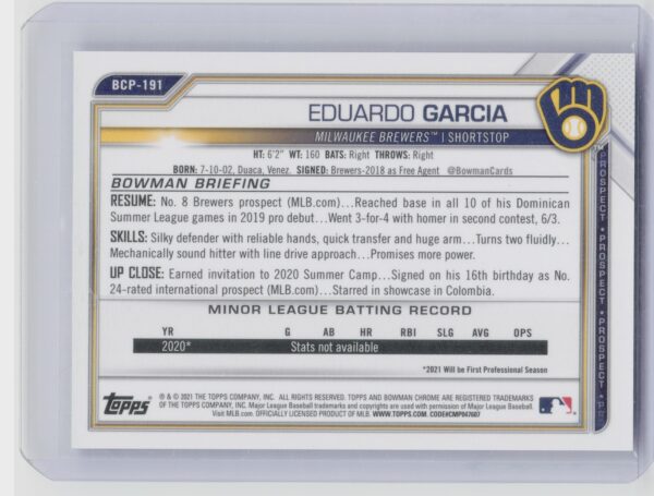 2021 Bowman Chrome Eduardo Garcia SN150 #BCP-191 Brewers Prospects Blue Refracto - Image 3
