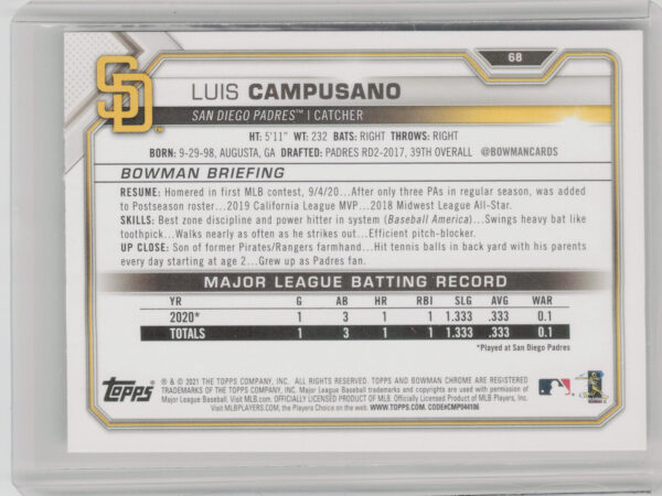 2021 Bowman Luis Campusano RC #68 Padres - Image 3