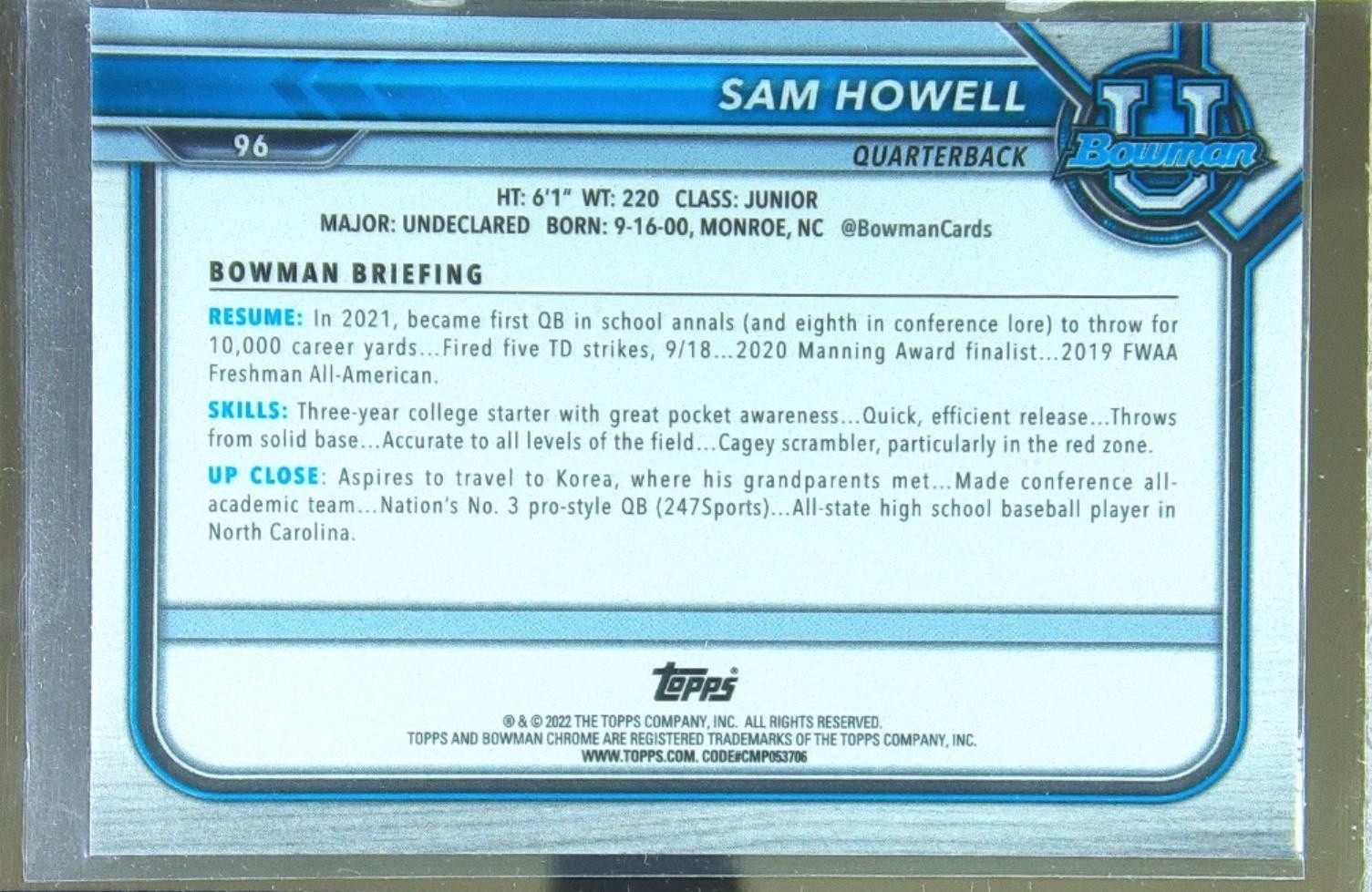 2021 Bowman University Sam Howell Chrome Pink #96 Heels - Image 3