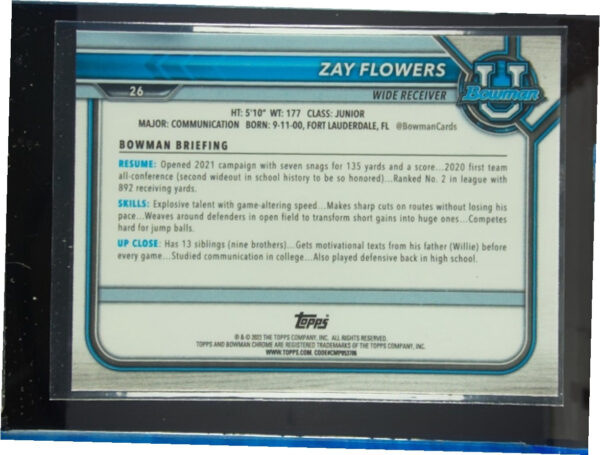 2021 Bowman University Zay Flowers Chrome Pink #26 Eagles - Image 3