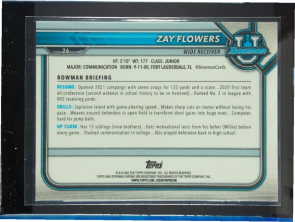 2021 Bowman University Zay Flowers Chrome Pink #26 Eagles - Image 3