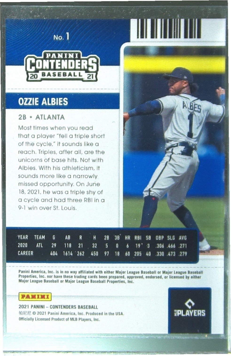 2021 Contenders Ozzie Albies Draft Red /99 #1 Braves - Image 3