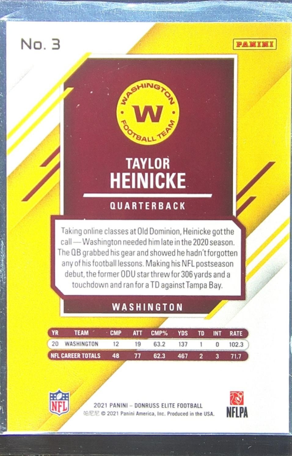 2021 Donruss Elite Taylor Heinicke Red /399 #3 Commanders - Image 3