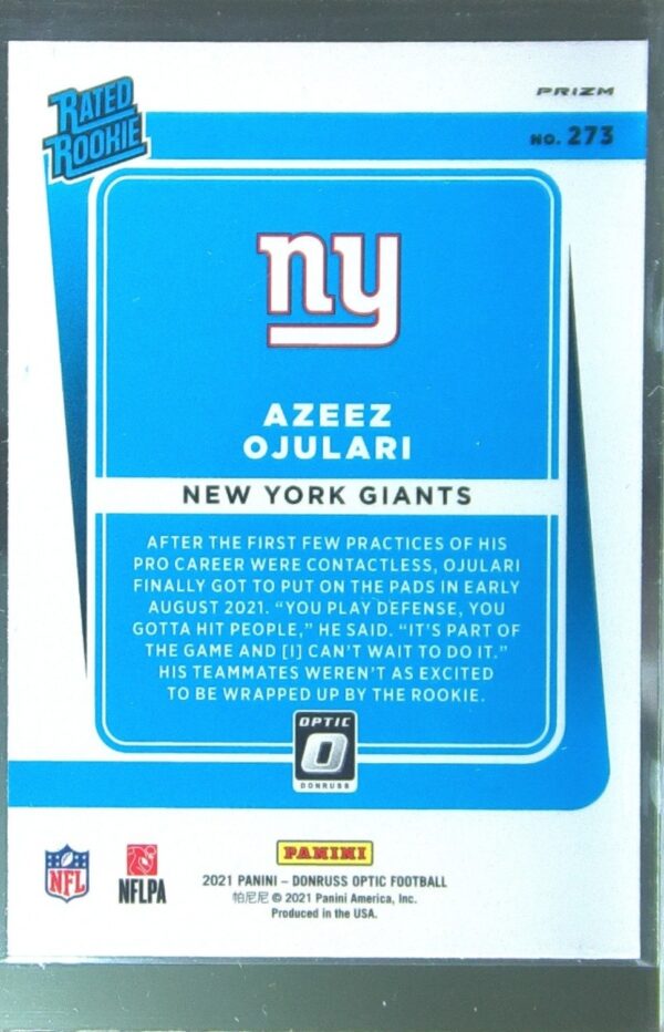 2021 Donruss Optic Azeez Ojulari Holo RC #273 Giants - Image 3