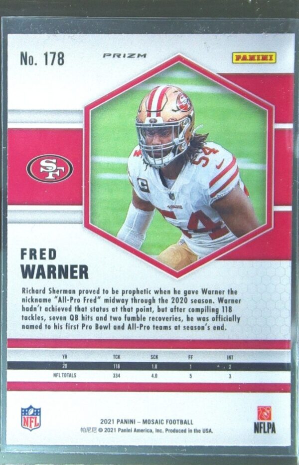 2021 Mosaic Fred Warner Prizm Reactive Yellow #178 49ers - Image 3