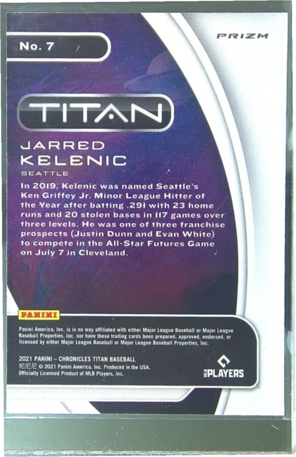 2021 Panini Chronicles Jarred Kelenic RC #7 Mariners Titan Purple Velocity - Image 3