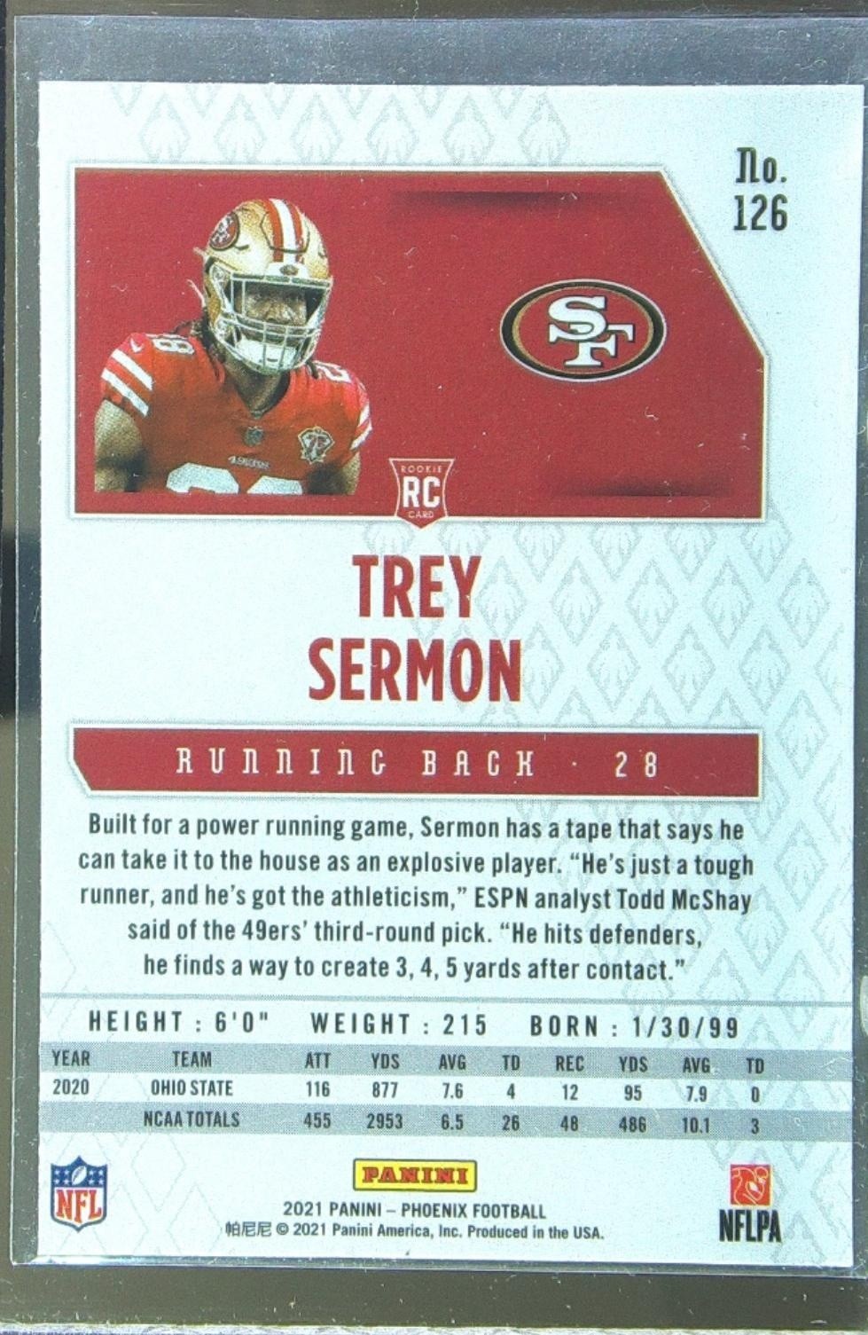 2021 Phoenix Trey Sermon RC #126 49ers - Image 3