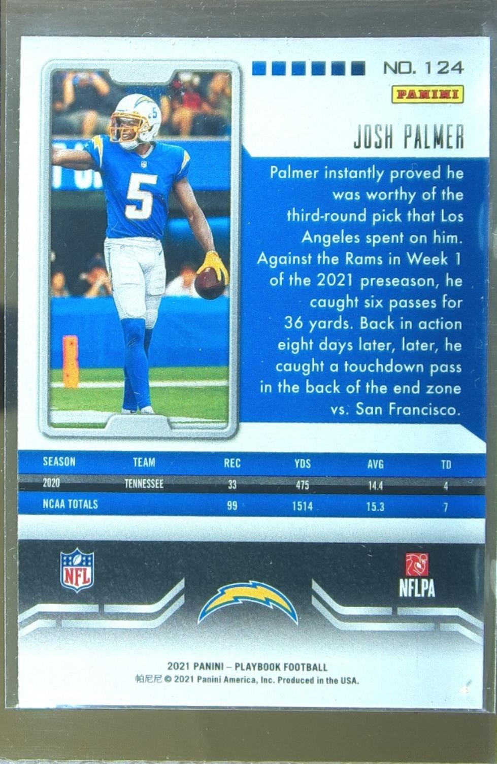 2021 Playbook Josh Palmer Sparkle RC #124 Chargers - Image 3
