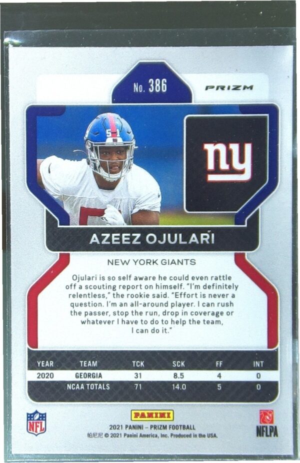 2021 Prizm Azeez Ojulari Purple Pulsar RC #386 Giants - Image 3