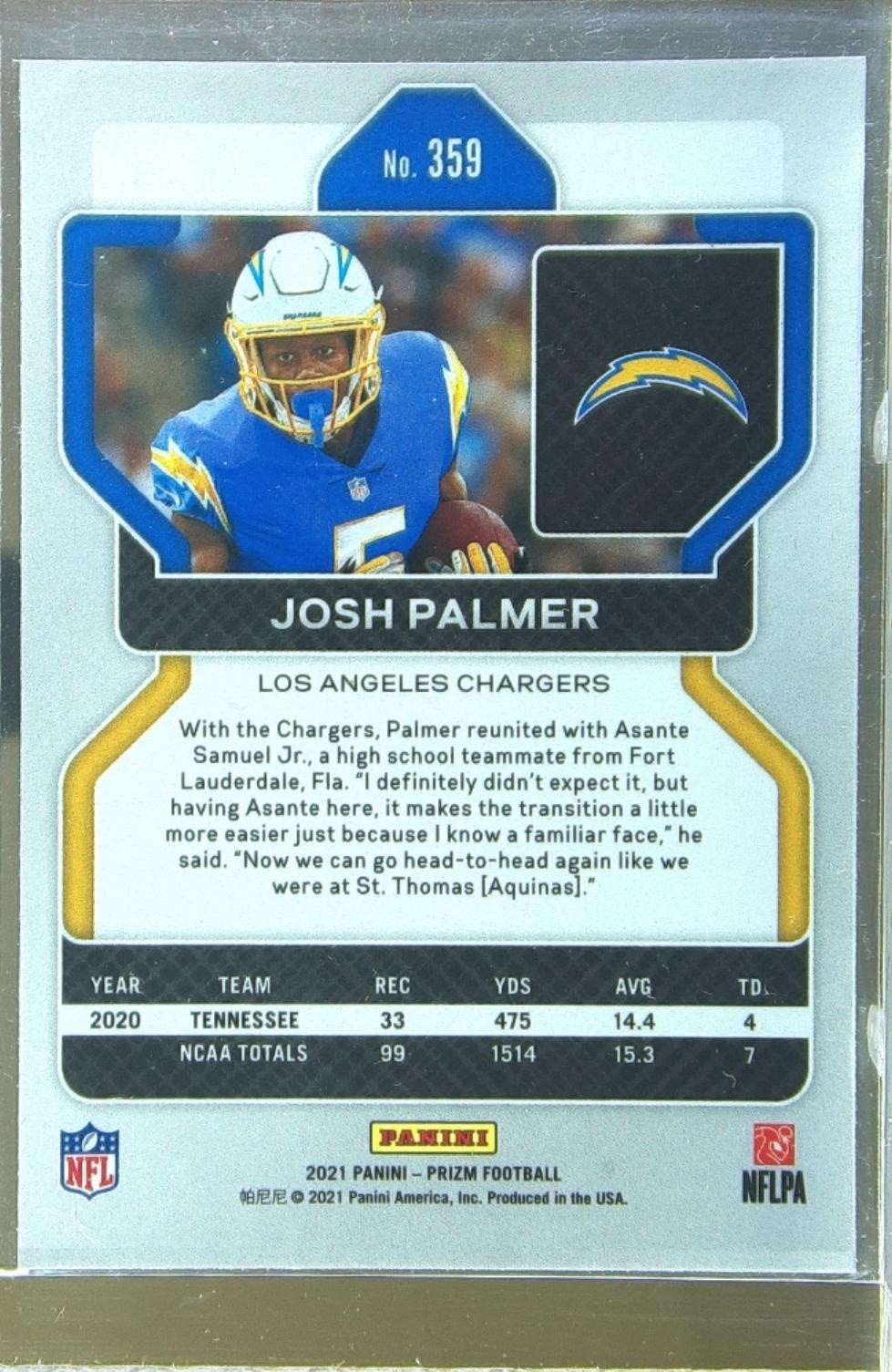2021 Prizm Josh Palmer RC #359 Chargers - Image 3